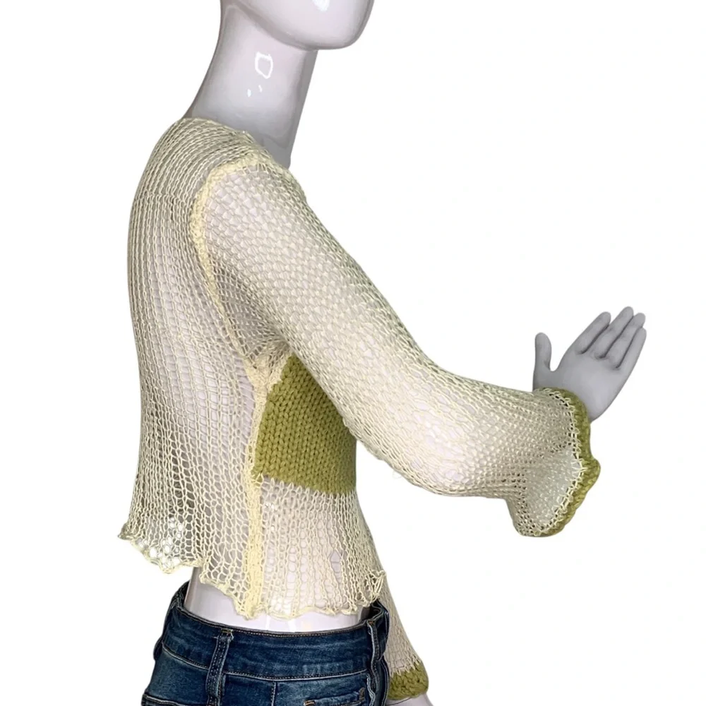 Klesis Crop Top Crochet Long Sleeve Beige Green Size S